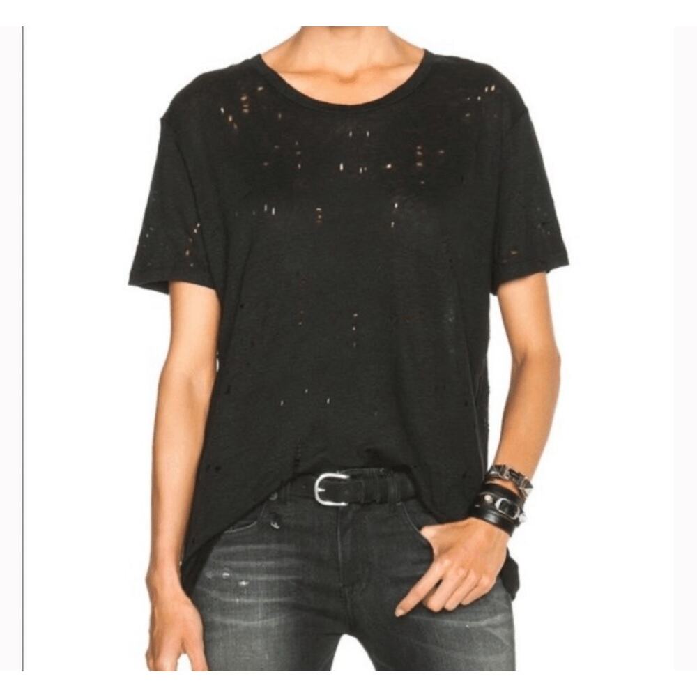 IRO Clay Black Distressed Short Sleeve Tee shirt Linen Holes Throughout Size M